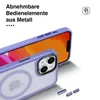 A close-up of a purple iPhone case with a clear back, showing the camera module and magnetic ring. Small metal buttons are scattered nearby. Produktbild-Vorschau