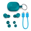 A set of teal and blue JBuds Mini True Wireless Earbuds with their charging case and charging cable, arranged on a white background. Anteprima dell’immagine prodotto
