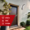 An outdoor LED lamp is mounted on a wall next to a wooden door. A red overlay contains product specifications. Anteprima dell’immagine prodotto