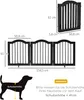Diagrams and measurements of a black pet gate, with a silhouette of a dog indicating where to measure shoulder height. Anteprima dell’immagine prodotto
