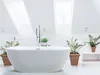 A modern, white bathroom with a freestanding oval bathtub and plants. Podgląd zdjęcia produktu