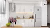 A modern, white kitchen with marble backsplash and a wooden table in the foreground. Produktbild-Vorschau