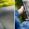 A split image showing a close-up of the textured fabric of a dog bed on the left, and a person's arm resting on the metal frame of the dog bed on the right, with a grassy background. Náhled obrázku produktu