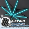 Close-up view of the internal structure of a dark gray umbrella, highlighting its steel ribs with bright cyan LED lights. Produktbild-Vorschau