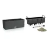 A dark gray planter box with a woven texture and a black inner liner are shown on a white background. Accessories for the planter, including a water level indicator and gravel, are also displayed. Produktbild-Vorschau