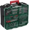 A tool kit with various drill bits and accessories inside a black and clear plastic case with a red handle. Produktbild-Vorschau