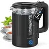 A black electric kettle with water boiling inside, shown next to three cups of tea and mint leaves. Produktbild-Vorschau