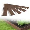 A product shot of metal garden edging with a superimposed image of the edging installed around a garden bed. Produktbild-Vorschau