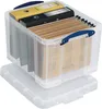 A transparent storage box filled with files and binders, with its lid placed underneath. Produktbild-Vorschau