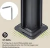Close-up of the base of a dark gray metal pavilion leg, showing its connection to a black base plate, with an inset image of an Allen wrench and text describing its stability. Produktbild-Vorschau