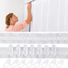 A woman hangs a white curtain, with close-ups of curtain tape and hooks below. Produktbild-Vorschau