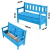 Two views of a blue wooden garden bench with dimensions indicated by text overlays. Anteprima dell’immagine prodotto