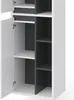 A close-up view of a white and anthracite cabinet with its doors open, revealing shelves. Náhled obrázku produktu