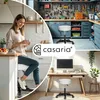 Collage of a woman in a kitchen, a workshop, and a home office setup, all featuring white stools. Produktbild-Vorschau