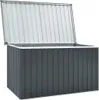 A dark gray outdoor storage box with its lid open, shown against a white background. Podgląd zdjęcia produktu