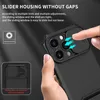 A hand is shown sliding open a camera cover on the back of a black phone case. Produktbild-Vorschau