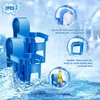 Two blue pool cup holders are shown with water splashing around them, against a light blue, watery background. Several circular insets highlight features and demonstrate the product's use. Produktbild-Vorschau