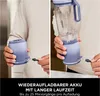A person is shown demonstrating how to charge a portable blender. The image is split into two panels, with text below highlighting a feature. Náhled obrázku produktu