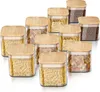 A collection of glass storage containers with bamboo lids, filled with various food items like pasta and coffee beans, arranged on a white background. Náhľad obrázku produktu