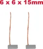 Two carbon brushes with copper wires on a white background, with dimensions listed above. Produktbild-Vorschau