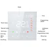 A digital thermostat display with various icons and text labels indicating its functions and settings. Produktbild-Vorschau