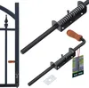 Two black metal gate latches with wooden handles are shown against a white background. One latch is attached to a section of a black gate. Náhled obrázku produktu