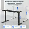 An image showcasing an adjustable desk frame in black and white, with informational text and diagrams overlayed. Podgląd zdjęcia produktu