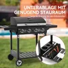 A gas grill is shown in an outdoor setting with text overlays highlighting its features. Produktbild-Vorschau