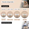 A size chart for gym balls with images of different sized balls and corresponding height recommendations, alongside a lifestyle image of a person using a gym ball as a chair. Produktbild-Vorschau