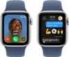 Two Apple Watch screens showing a video call and a text message conversation. Náhľad obrázku produktu