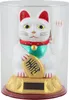 A white Maneki-neko (lucky cat) figurine with a red collar and green bib, holding a gold coin, sits on a gold base with a solar panel. The figurine is enclosed in a clear plastic cylinder. Produktbild-Vorschau