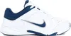 A side view of a white Nike shoe with navy blue accents. Voir les images du produit
