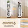 Two views of a narrow white bathroom cabinet, one showing it stocked with toiletries and towels, the other with a toilet brush. An inset shows a diagram of adjustable shelf heights. Produktbild-Vorschau
