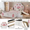 A collage of images showcasing a children's bed with a cat paw design, including close-ups of its features and the overall room setting. Produktbild-Vorschau