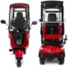 A red three-wheeled scooter with a canopy and a rear storage box, shown from the front and back. Produktbild-Vorschau