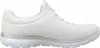 A side view of a white Skechers shoe with a silver trim. Voir les images du produit