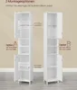 Two white bathroom cabinets are shown side-by-side, illustrating two different door opening options (left and right). Text overlays explain the options and features. Produktbild-Vorschau
