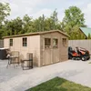 A wooden garden shed is shown in a backyard setting with a lawnmower and outdoor furniture. Voir les images du produit