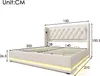 A white upholstered bed frame with a tufted headboard, shown with dimensions indicated by measurement lines and numbers. Produktbild-Vorschau
