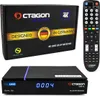 A product shot of a satellite receiver and its remote control, with the product packaging in the background. Produktbild-Vorschau
