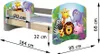 A child's bed with cartoon animal graphics on the headboard and footboard, with dimensions indicated by arrows and text. Produktbild-Vorschau