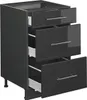 A dark gray kitchen cabinet with three drawers, shown from a slightly angled front view. Voir les images du produit