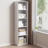 A tall, white, modern bookshelf filled with various items, placed next to a window with curtains. Podgląd zdjęcia produktu