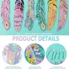A collage showing diamond painting bookmarks shaped like feathers, with close-up details of the artwork and rhinestones. Produktbild-Vorschau