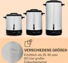 Three different sized stainless steel kettles are displayed in a row, with text and icons below. Produktbild-Vorschau