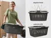 A woman is holding a laundry basket, and two close-up shots of laundry baskets highlight their features. Produktbild-Vorschau
