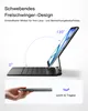 A tablet with a keyboard case is shown in various angles, with a stylus held by a hand in the lower section. Náhled obrázku produktu
