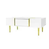 A white coffee table with gold accents and legs, shown from the front on a white background. Produktbild-Vorschau