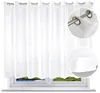 A white sheer curtain with grommets is shown hanging over a window, with a close-up inset of the grommets and the fabric. Produktbild-Vorschau