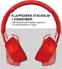 A pair of red headphones with text overlays and diagrams illustrating their features. Produktbild-Vorschau